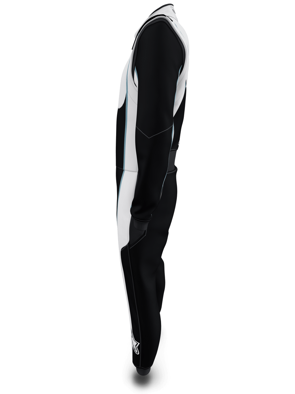 Alpinestars Tech Vision V3 Custom Suit, widok z boku, czarno-biały z jasnoniebieskimi akcentami, profesjonalny kombinezon wyścigowy z certyfikatem FIA i SFI, lekka konstrukcja Nomex