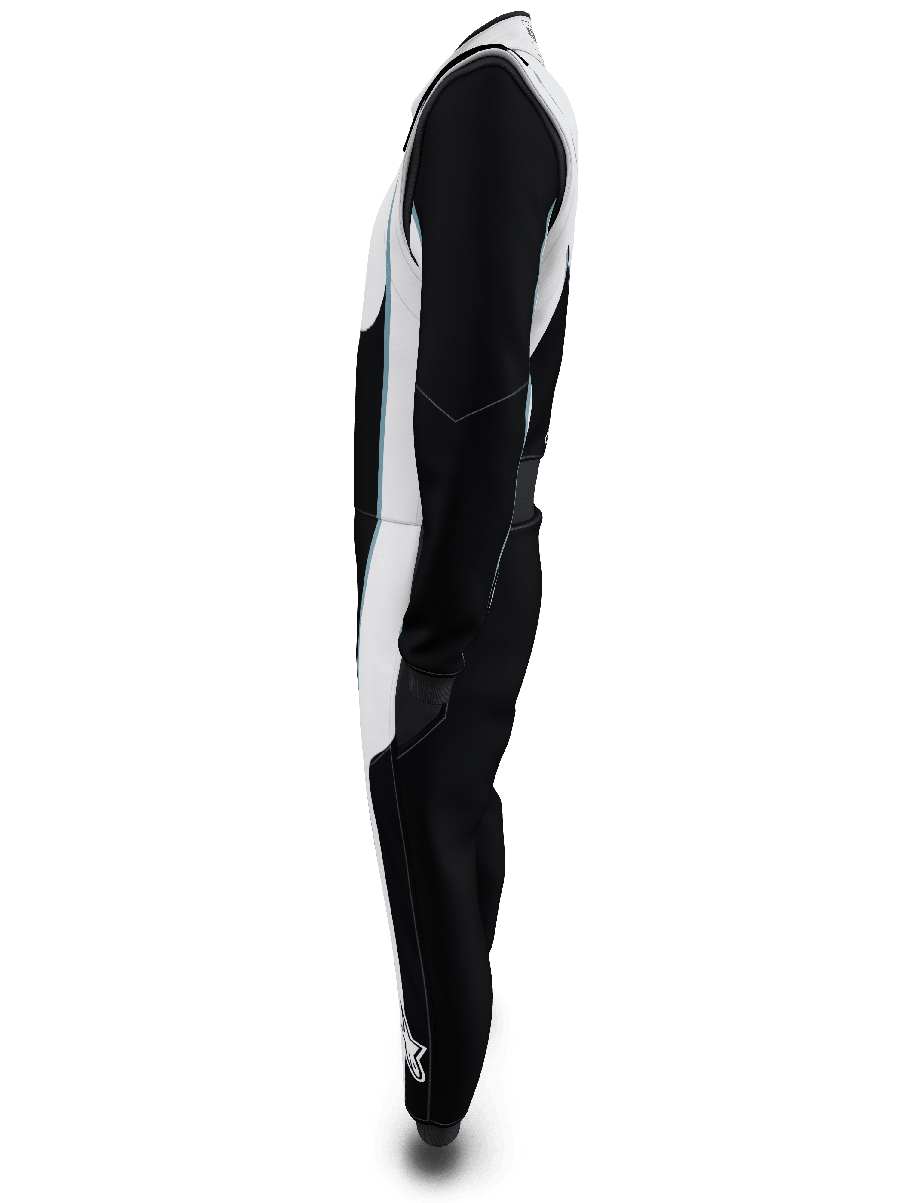 Alpinestars Tech Vision V3 Custom Suit, widok z boku, czarno-biały z jasnoniebieskimi akcentami, profesjonalny kombinezon wyścigowy z certyfikatem FIA i SFI, lekka konstrukcja Nomex