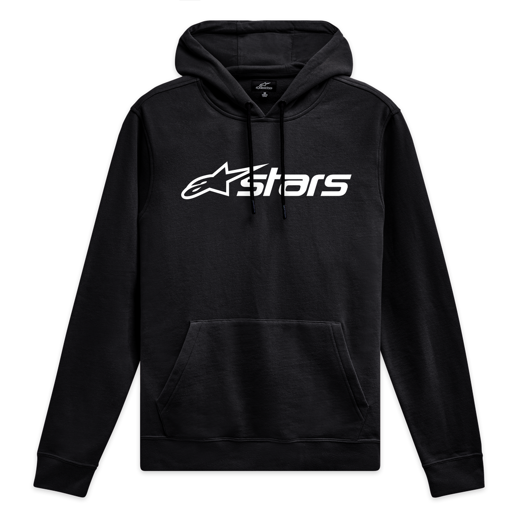 Alpinestars Blaze V3 Hoodie, Black and White Sportswear Pullover, featuring a front Blaze 2.0 logo print, jersey-lined hood, and rib cuffs