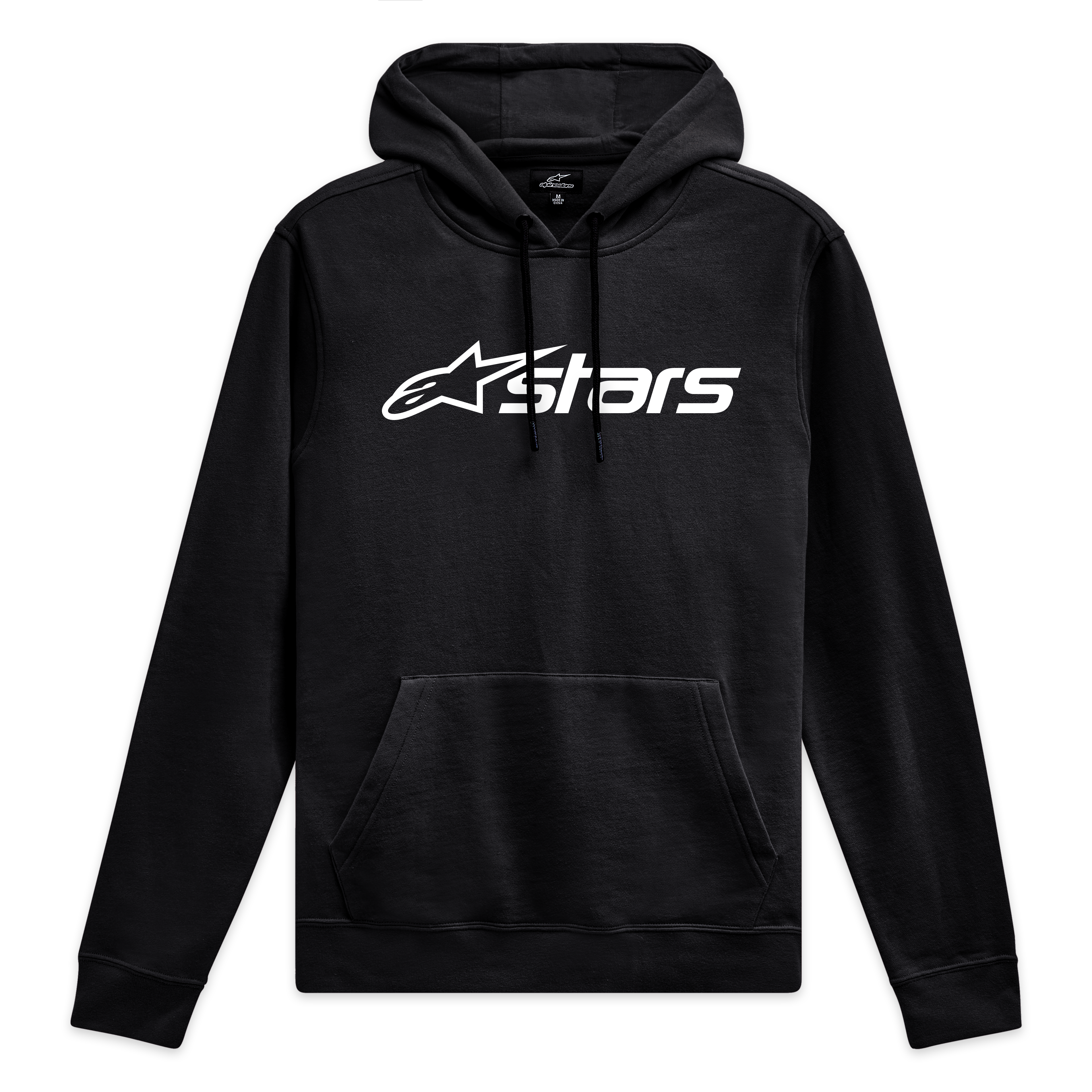 Alpinestars Blaze V3 Hoodie, Black and White Sportswear Pullover, featuring a front Blaze 2.0 logo print, jersey-lined hood, and rib cuffs