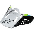 Alpinestars Supertech M8 Helmet Visor Contact, matowy srebrny i czarny, limonkowo-zielone i błękitne akcenty, kanciasty aerodynamiczny design z czarnym logo gwiazdy, geometryczne wycięcia wentylacyjne, zapasowy daszek do kasków motocrossowych