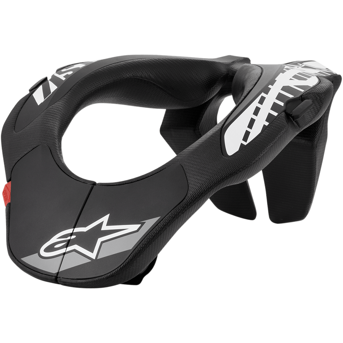 Alpinestars Youth Neck Support, młodzieżowy ochraniacz szyi do motocrossu, czarny z białą grafiką i czerwoną zakładką, ergonomiczny design z teksturowaną powierzchnią, sprzęt ochronny dla młodzieży