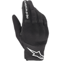 Alpinestars Stella Copper Women's Gloves, damskie rękawice motocyklowe, czarno-białe, styl miejski z wentylacją mesh, białe logo gwiazdy na mankiecie i biały napis na palcu wskazującym, lekka tekstylna konstrukcja