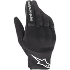 Alpinestars Stella Copper Women's Gloves, damskie rękawice motocyklowe, czarno-białe, styl miejski z wentylacją mesh, białe logo gwiazdy na mankiecie i biały napis na palcu wskazującym, lekka tekstylna konstrukcja