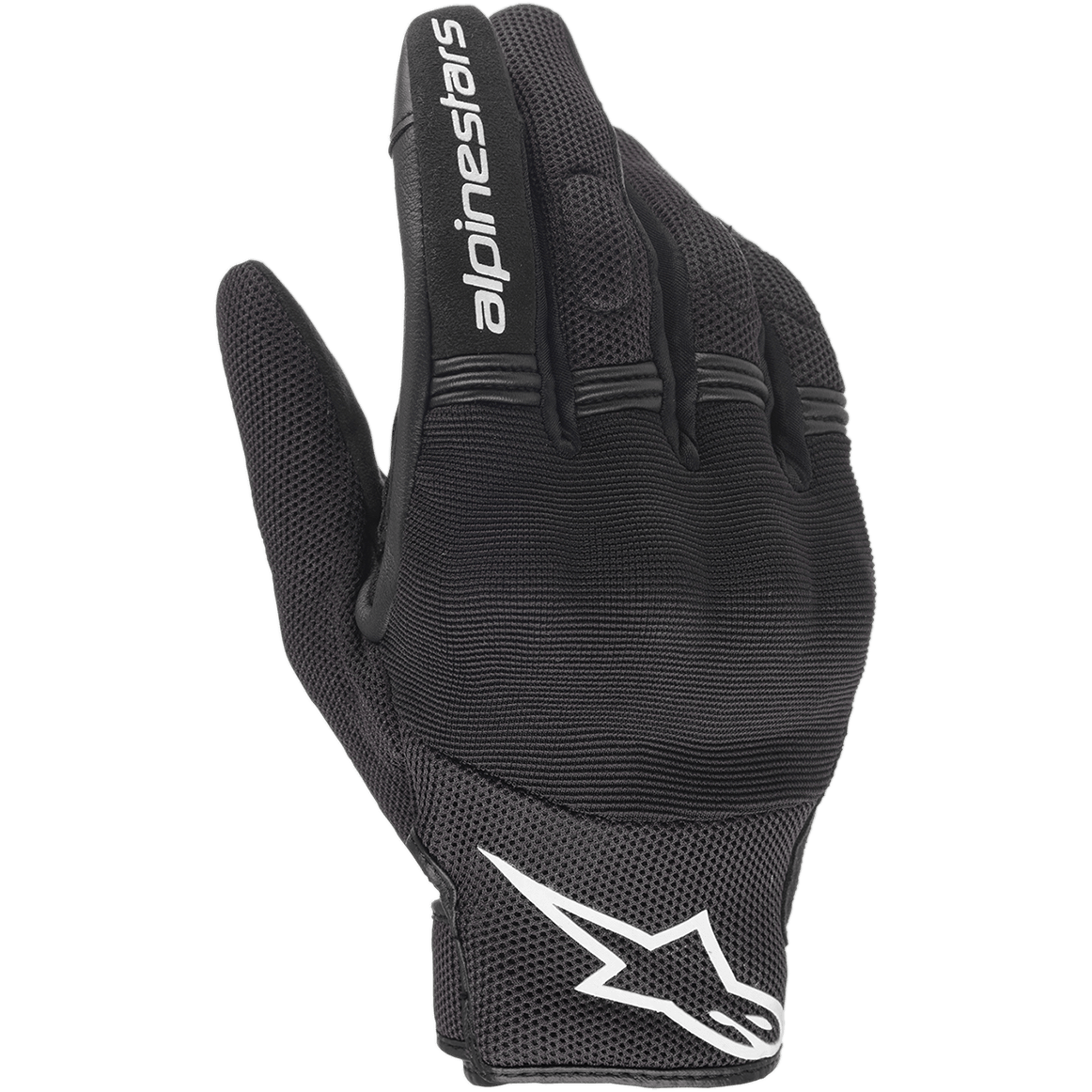 Alpinestars Stella Copper Women's Gloves, damskie rękawice motocyklowe, czarno-białe, styl miejski z wentylacją mesh, białe logo gwiazdy na mankiecie i biały napis na palcu wskazującym, lekka tekstylna konstrukcja