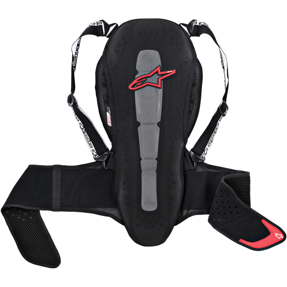 Alpinestars Nucleon Kr-2 Back Protector, motocyklowy ochraniacz pleców, czarny z czerwonym logo gwiazdy, siateczkowa konstrukcja z szarym panelem centralnym, regulowane szelki i pas biodrowy, ergonomiczny design z perforowanymi panelami bocznymi