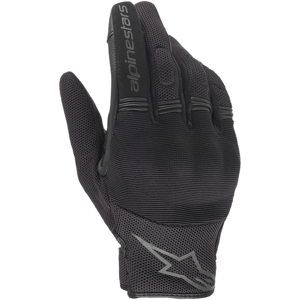 Damskie rękawice motocyklowe Alpinestars Stella Copper, czarne, widok z wierzchu dłoni ukazujący konstrukcję z siatki i materiału tekstylnego, żebrowane panele harmonijkowe na palcach, napis Alpinestars na palcu wskazującym i logo gwiazdy na nadgarstku, lekki miejski design