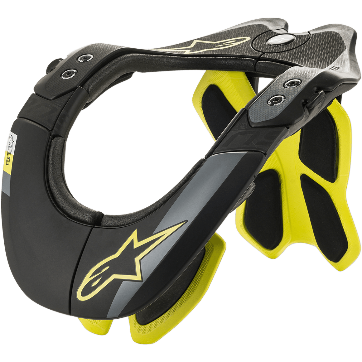 Alpinestars BNS Tech 2 Neck Support, motocyklowy ochraniacz szyi, czarny i żółty fluorescencyjny, ergonomiczna rama z polimeru węglowego z wyściełanym wnętrzem, detal z logo gwiazdy, ochrona do motocrossu i off-roadu