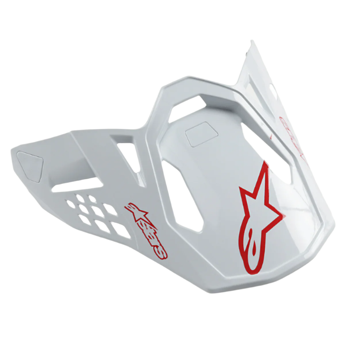 Alpinestars Supertech M10 Dyno Helmet Visor, biało-czerwony połysk, z czerwonymi logo w kształcie gwiazdy i aerodynamicznymi wycięciami, wymienny daszek do kasków motocrossowych i off-road
