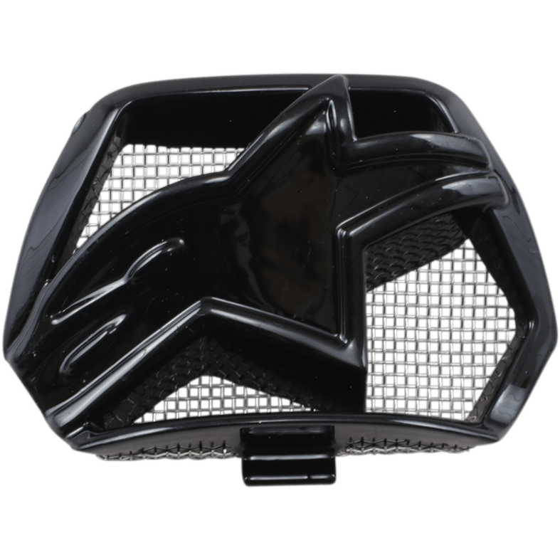 Alpinestars Supertech M10/M8 Helmet Chin Vent, czarna błyszcząca plastikowa część zamienna, z centralnym logo w kształcie gwiazdy i wewnętrzną siatką, akcesorium wentylacyjne do kasku motocrossowego