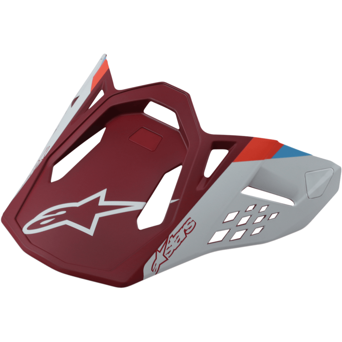 Alpinestars S-M8 Helmet Visor Contact, daszek do kasku motocyklowego, matowy czerwony i jasnoszary, z białym logo gwiazdy, aerodynamiczny design z geometrycznymi wycięciami, czerwone i niebieskie akcenty