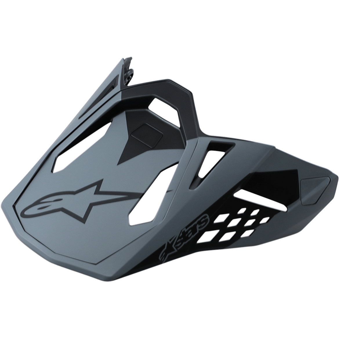 Alpinestars Supertech M10 Meta Helmet Visor, wymienny daszek do kasków motocrossowych, matowy czarny i szary, czarne logo Astar i geometryczne wycięcia wentylacyjne, aerodynamiczny design do wyścigów off-road