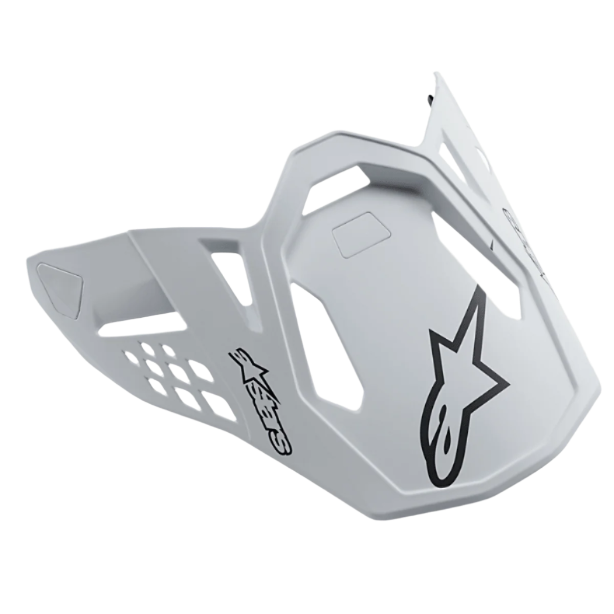 Alpinestars Supertech M10 Dyno Helmet Visor, Matte White, featuring black Alpinestars star logos, motocross racing peak with geometric cutouts for airflow, matte finish, aerodynamic design for off-road performance