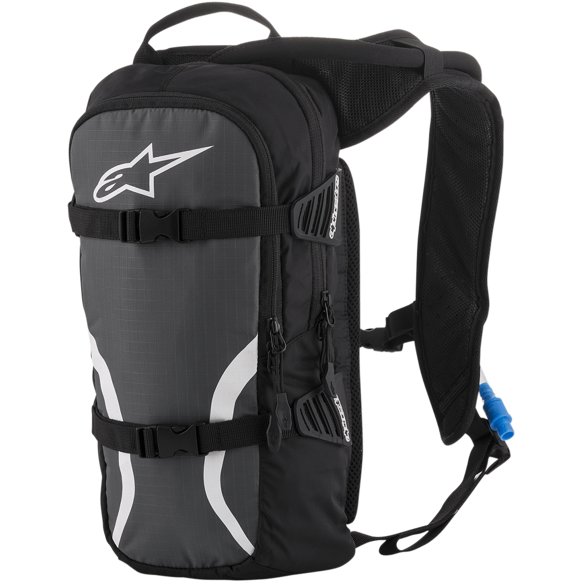 Alpinestars Iguana Hydration Backpack, terenowy plecak hydratacyjny, czarny, antracytowy i biały, wyściełane siateczkowe szelki, przednie paski kompresyjne z klamrami, komory zapinane na zamek, niebieska rurka hydratacyjna z ustnikiem
