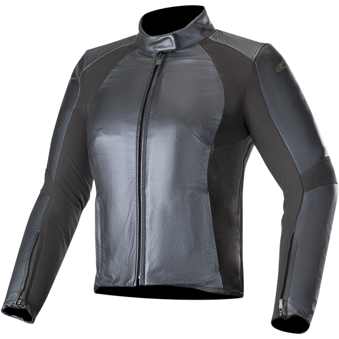 Alpinestars Stella Vika V2 Leather Jacket, damska kurtka motocyklowa, metaliczny niebieski, gładka skórzana konstrukcja z matowymi elastycznymi panelami z aramidu, wysoki kołnierz, zamek z przodu, dopasowany krój podkreślający sylwetkę