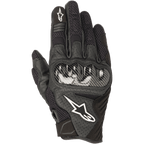 Alpinestars SMX-1 Air V2 Gloves, Black Motorcycle Gloves, featuring carbon fiber-style knuckle protection, white star logo, mesh panels and perforated leather for airflow, short cuff design for street and urban use.