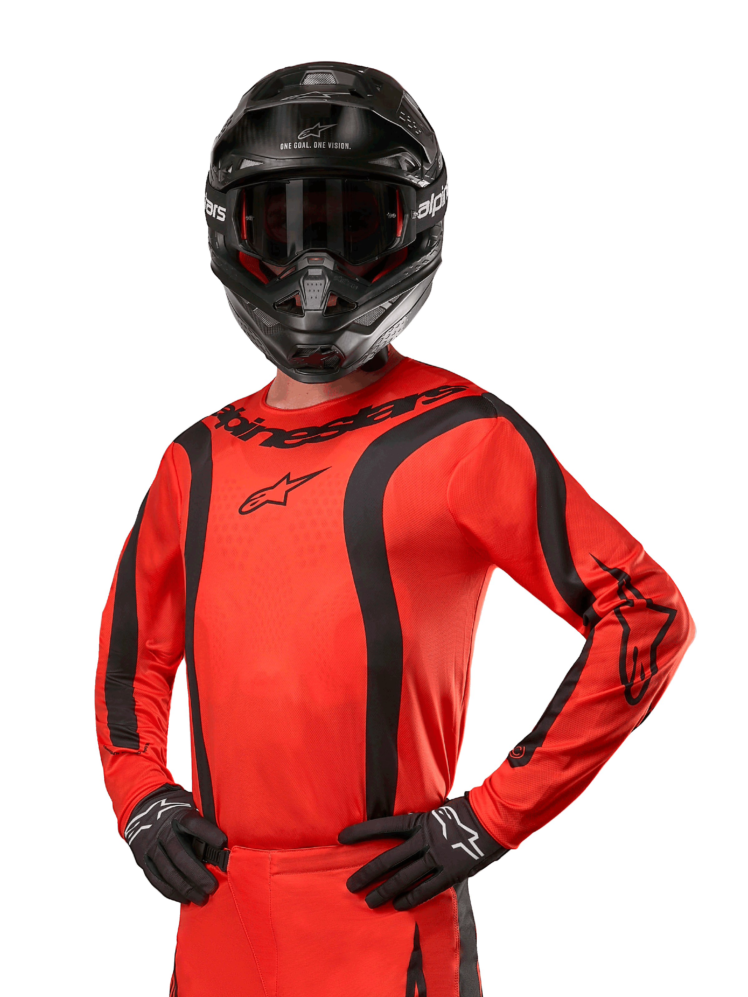 Alpinestars Fluid Lurv Jersey 2024, koszulka motocrossowa, intensywny pomarańczowy i czarny, długi rękaw z zakrzywionymi czarnymi pasami, logo Alpinestars na klatce piersiowej i ramionach, noszona z czarnym kaskiem i rękawicami, sportowa odzież off-road