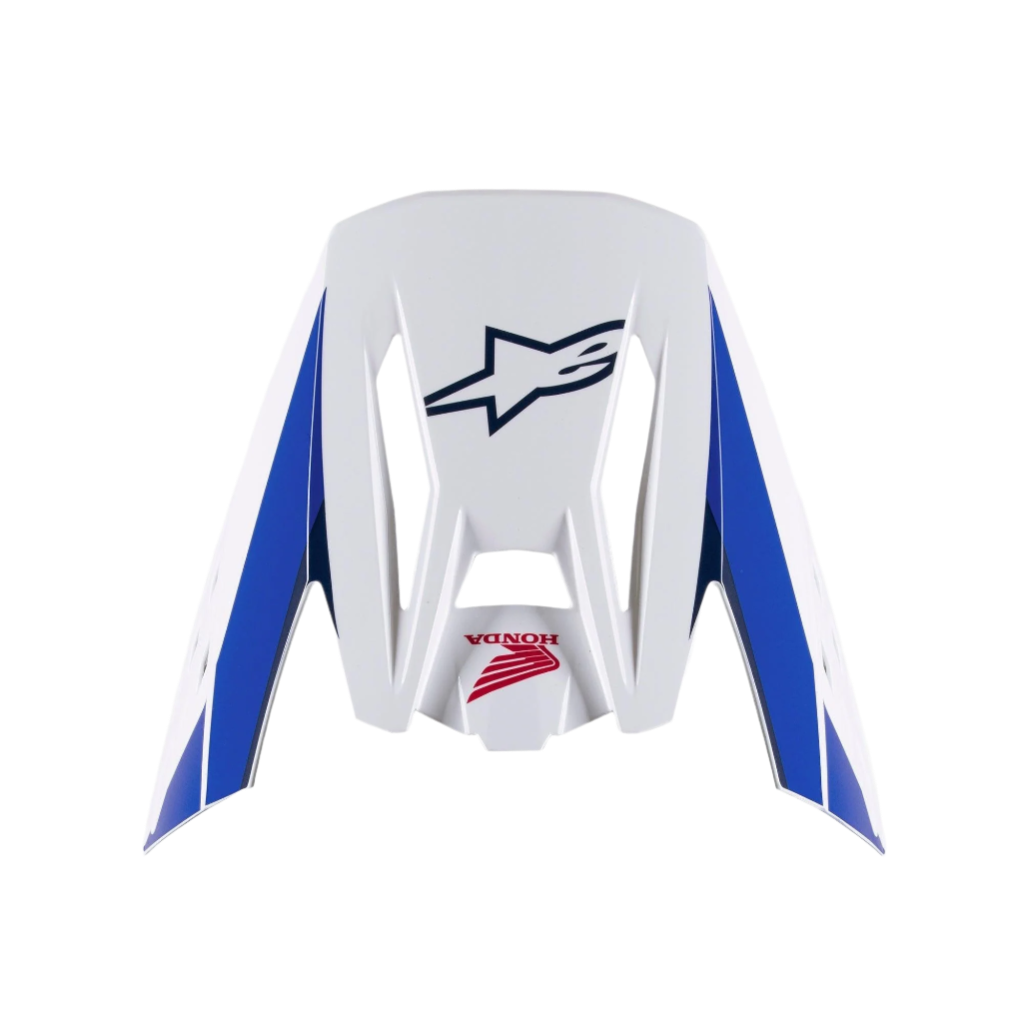 Wizjer Alpinestars Honda S-M5, wymienny wizjer do kasku, biało-niebiesko-czerwone wykończenie na połysk, niebieskie panele boczne z granatowym logo Alpinestars i czerwonym logo Honda, akcesorium do kasku motocrossowego