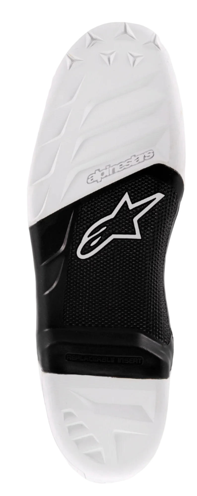 Alpinestars Tech 7 Sole, Replacement Motocross Boot Sole, White and Black, featuring a textured grip surface, Alpinestars logo, and a replaceable center insert for off-road riding performance.