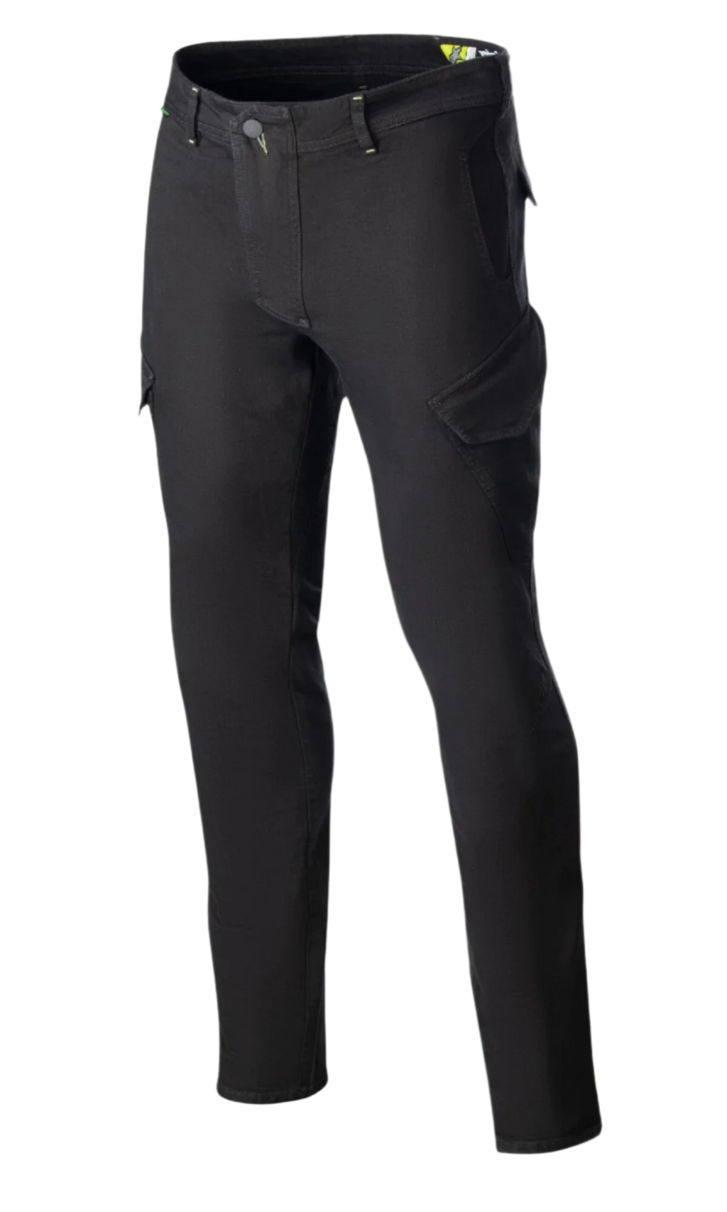 Alpinestars Caliber Slim Fit Tech Riding Pants, czarne spodnie motocyklowe, ukośne kieszenie cargo w stylu bojowym, dopasowany zwężany krój, szlufki i zapięcie na guzik, wykonane z elastycznego denimu Cordura, techniczny miejski wygląd