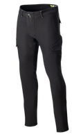 Alpinestars Caliber Slim Fit Tech Riding Pants, czarne spodnie motocyklowe, ukośne kieszenie cargo w stylu bojowym, dopasowany zwężany krój, szlufki i zapięcie na guzik, wykonane z elastycznego denimu Cordura, techniczny miejski wygląd