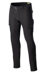 Alpinestars Caliber Slim Fit Tech Riding Pants, czarne spodnie motocyklowe, ukośne kieszenie cargo w stylu bojowym, dopasowany zwężany krój, szlufki i zapięcie na guzik, wykonane z elastycznego denimu Cordura, techniczny miejski wygląd