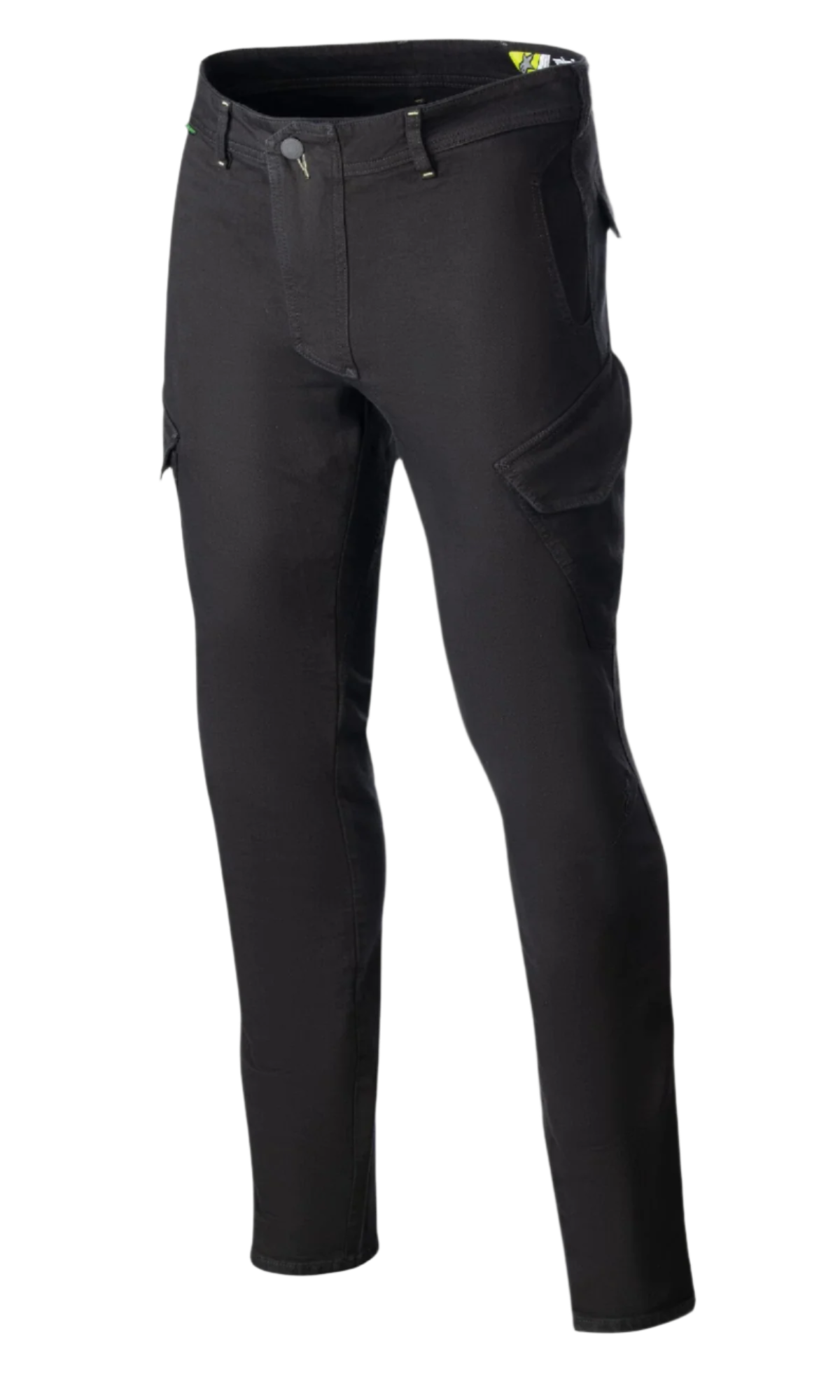 Alpinestars Caliber Slim Fit Tech Riding Pants, czarne spodnie motocyklowe, ukośne kieszenie cargo w stylu bojowym, dopasowany zwężany krój, szlufki i zapięcie na guzik, wykonane z elastycznego denimu Cordura, techniczny miejski wygląd