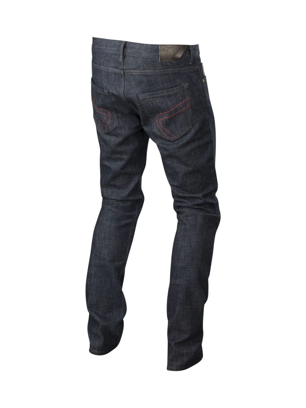 Alpinestars Jeansy Copper, męskie motocyklowe jeansy miejskie, ciemnoniebieskie z czerwonymi przeszyciami na kieszeniach, wzmocnienia aramidowe, widok z tyłu.