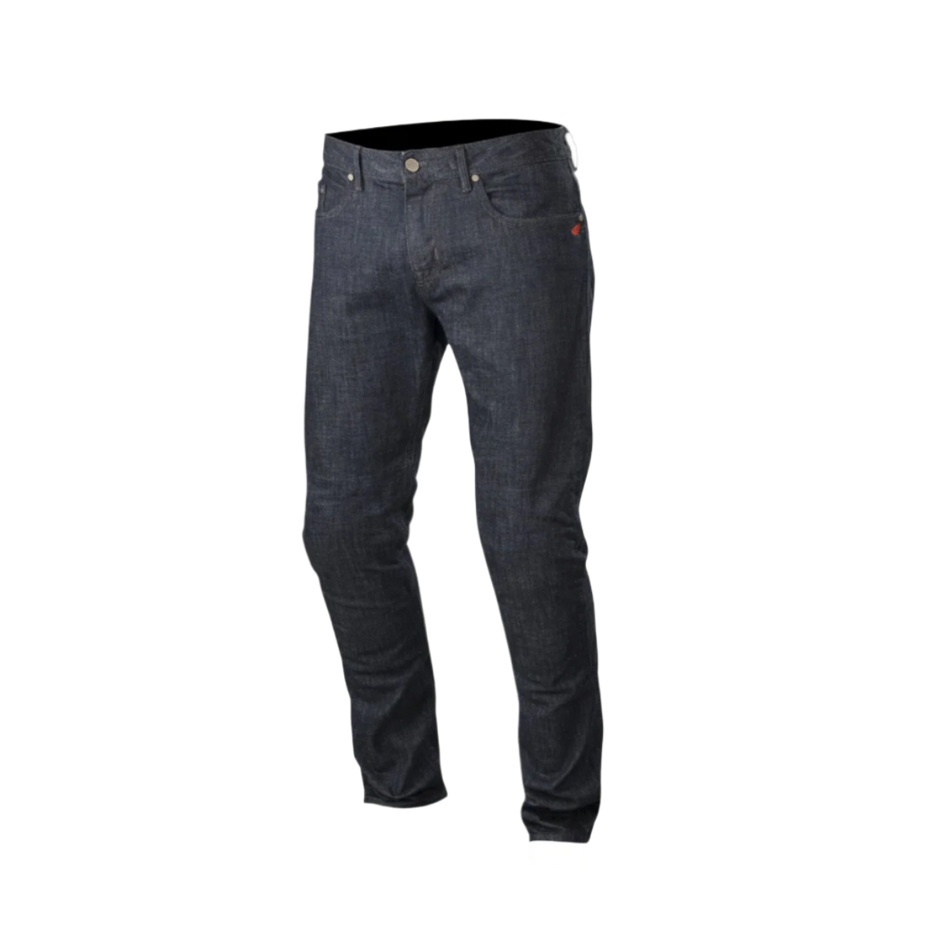Alpinestars Copper Denim Pants, motocyklowe jeansy, ciemnoniebieskie, regularny prosty krój z wyprofilowaną konstrukcją nogawek, małe czerwone logo na kieszonce na monety, klasyczny design z pięcioma kieszeniami do jazdy miejskiej