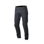 Alpinestars Copper Denim Pants, motocyklowe jeansy, ciemnoniebieskie, regularny prosty krój z wyprofilowaną konstrukcją nogawek, małe czerwone logo na kieszonce na monety, klasyczny design z pięcioma kieszeniami do jazdy miejskiej