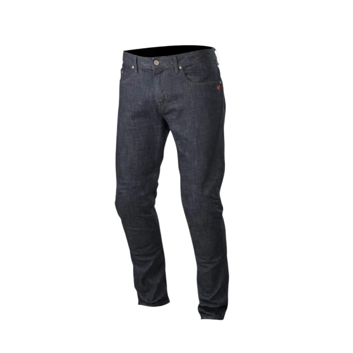 Alpinestars Copper Denim Pants, motocyklowe jeansy, ciemnoniebieskie, regularny prosty krój z wyprofilowaną konstrukcją nogawek, małe czerwone logo na kieszonce na monety, klasyczny design z pięcioma kieszeniami do jazdy miejskiej
