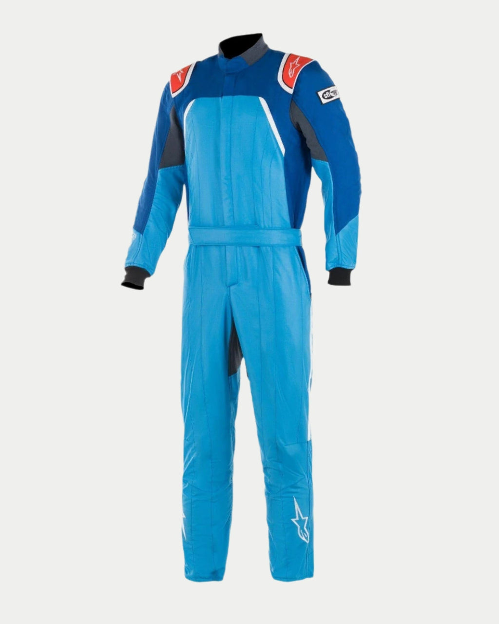 Alpinestars GP Pro Comp Bootcut Suit FIA, profesjonalny kombinezon wyścigowy, kobaltowy, niebieski i czerwony, trójwarstwowa konstrukcja aramidowa, naramienniki, nogawki typu bootcut, białe logo gwiazdy