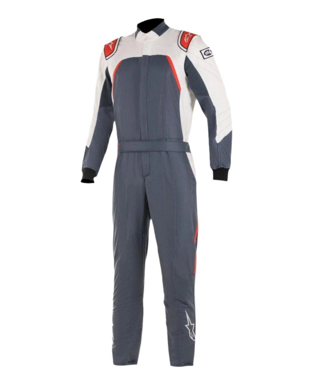 Alpinestars GP Pro Comp Bootcut Suit FIA, kombinezon samochodowy, biały, czerwony i asfaltowy, jednoczęściowy kombinezon motorsportowy z białą górną częścią klatki piersiowej i rękawami, czerwone akcenty na ramionach, ciemnoszary korpus i nogawki o kroju bootcut