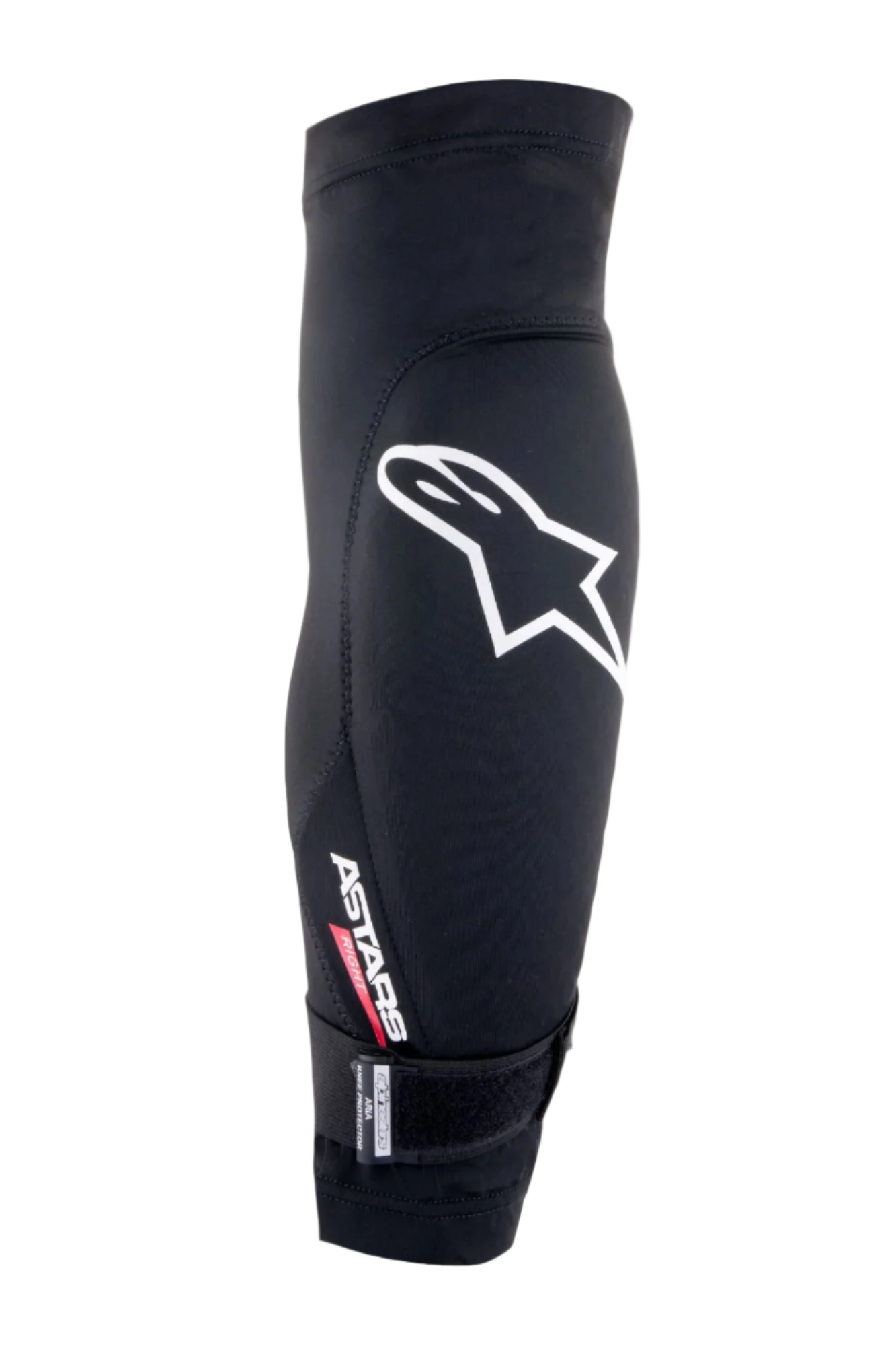Alpinestars Aria Knee Protector, czarno-biały, oddychający rękaw z siatki z dużym białym logo Astars, napisem „ASTARS RIGHT” i regulowanym dolnym paskiem, lekka ochrona do jazdy na rowerze górskim i kolarstwa