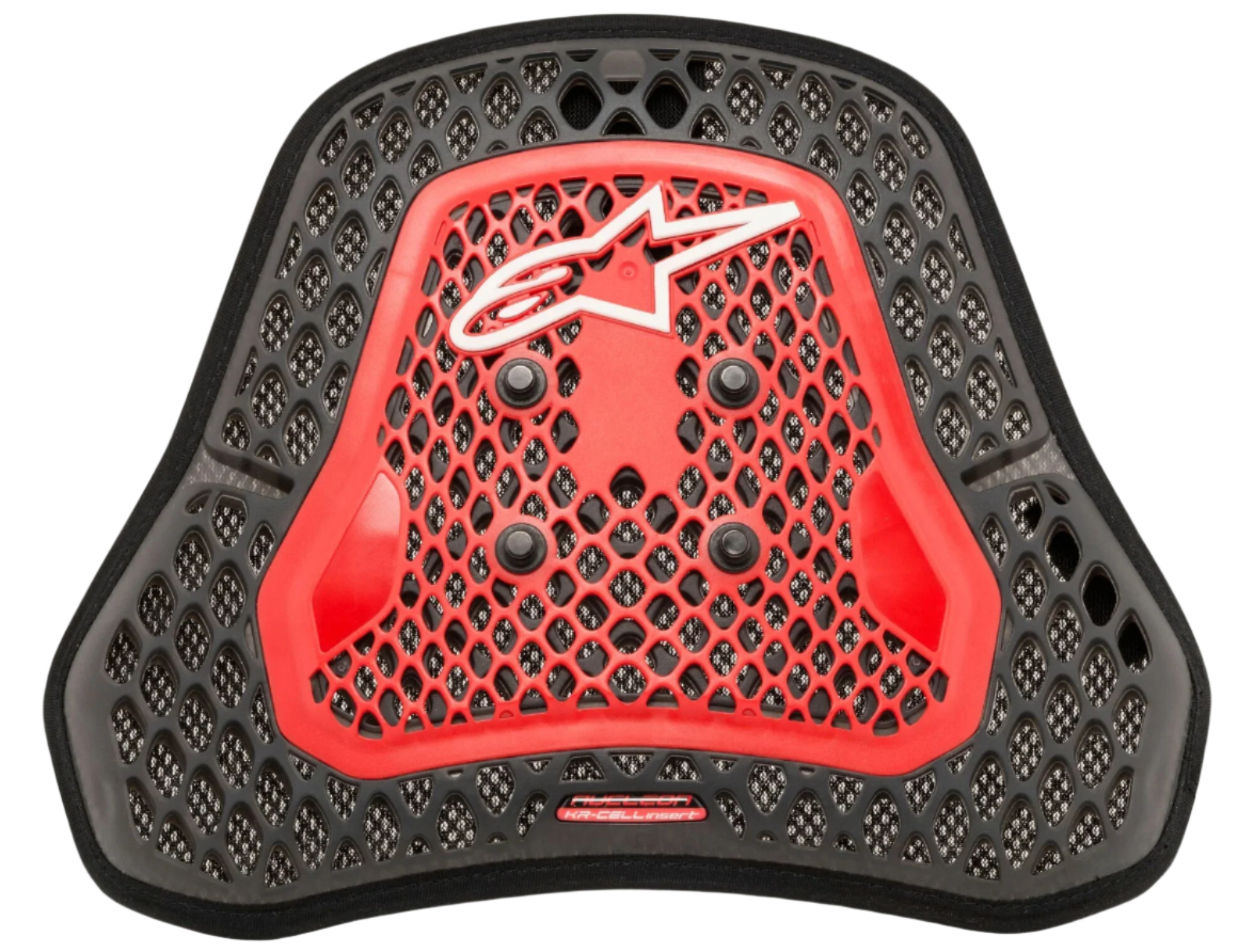 Alpinestars Nucleon KR-Cell Ci S, ochraniacz klatki piersiowej, kolor czerwono-czarny (Transparent Smoke Red and Black), mikrostruktura komórkowa o wzorze plastra miodu, cztery czarne guziki montażowe, białe logo Alpinestars, lekka ergonomiczna wkładka ochronna do wyścigów motocyklowych i jazdy sportowej