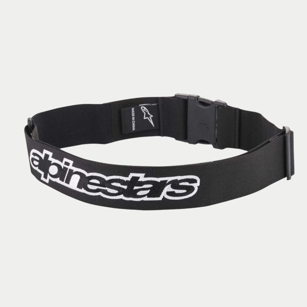 Alpinestars Pit Radio Belt, czarny techniczny pas narzędziowy, białe haftowane logo Alpinestars, zapięcie na plastikową klamrę, elastyczny materiał poliestrowy dla załóg pit stopu