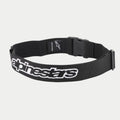 Alpinestars Pit Radio Belt, czarny techniczny pas narzędziowy, białe haftowane logo Alpinestars, zapięcie na plastikową klamrę, elastyczny materiał poliestrowy dla załóg pit stopu