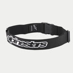 Alpinestars Pit Radio Belt, czarny techniczny pas narzędziowy, białe haftowane logo Alpinestars, zapięcie na plastikową klamrę, elastyczny materiał poliestrowy dla załóg pit stopu