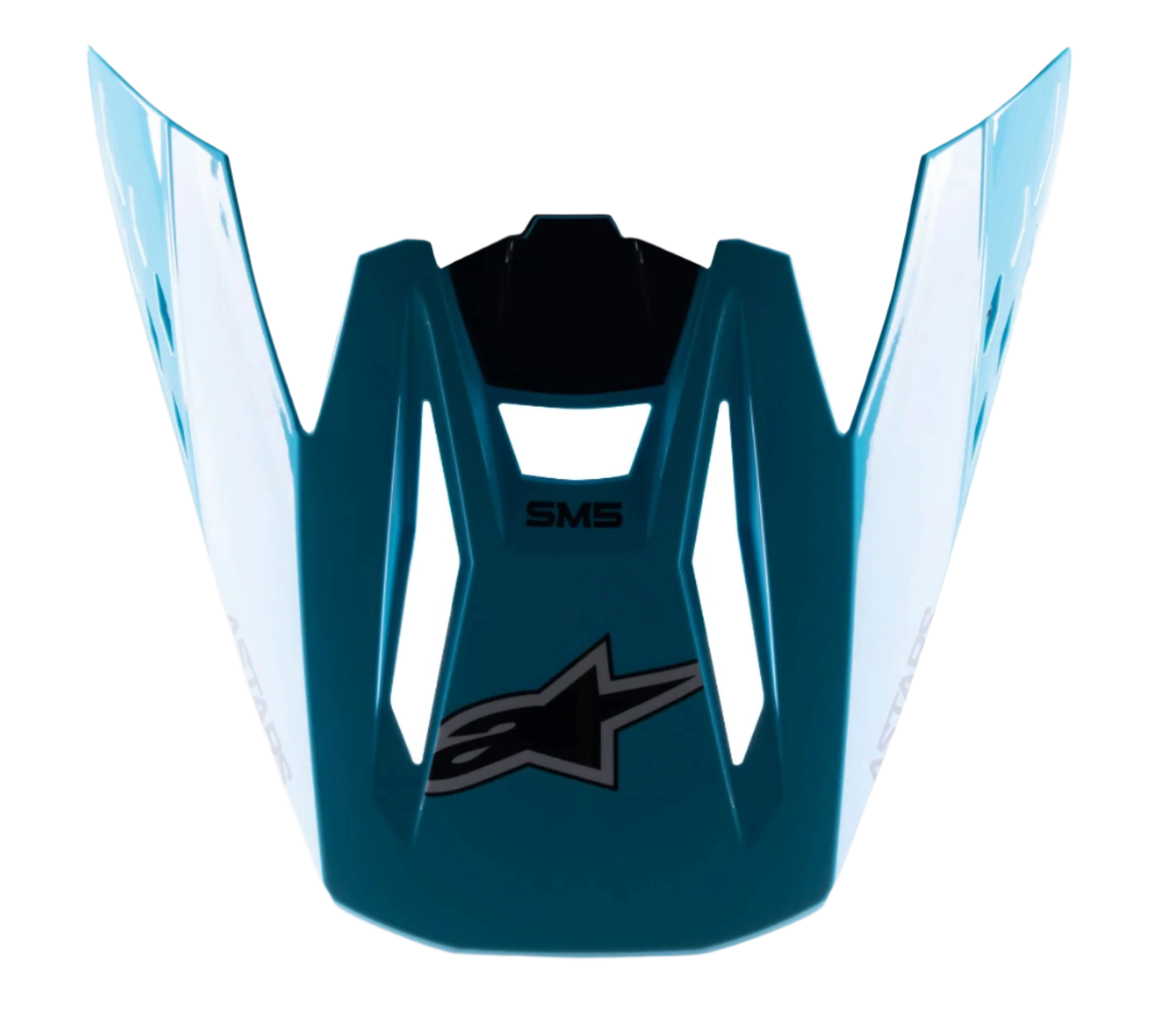 Alpinestars S-M5 Speed Helmet Visor, akcesorium do kasku motocrossowego, jasnoniebieski i czarny błyszczący, z czarnym logo gwiazdy Alpinestars i oznaczeniem SM5, aerodynamiczny design z błyszczącym wykończeniem, wytrzymały plastikowy daszek zamienny do wyścigów terenowych