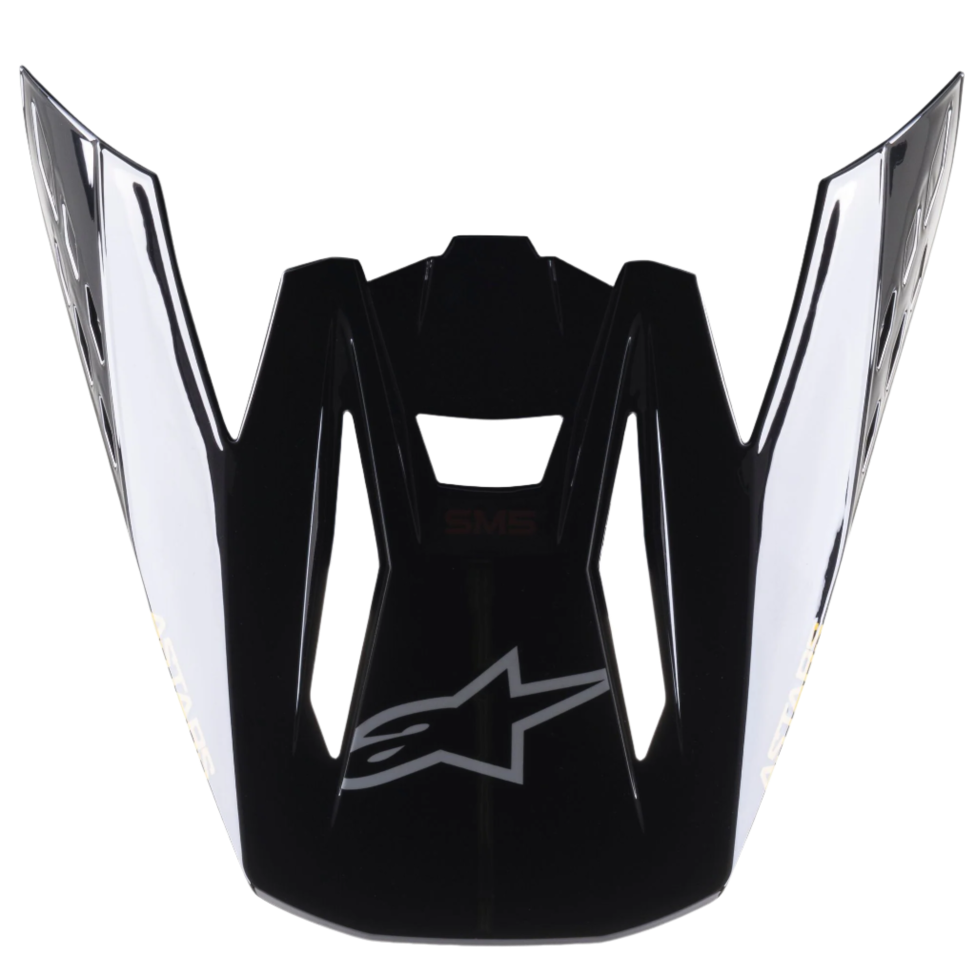 Alpinestars S-M5 Venture Helmet Visor, Motocross Helmet Accessory, Black Glossy, replacement peak featuring a silver Alpinestars logo on the front and white branding on the sides, durable plastic with a glossy finish for off-road racing.