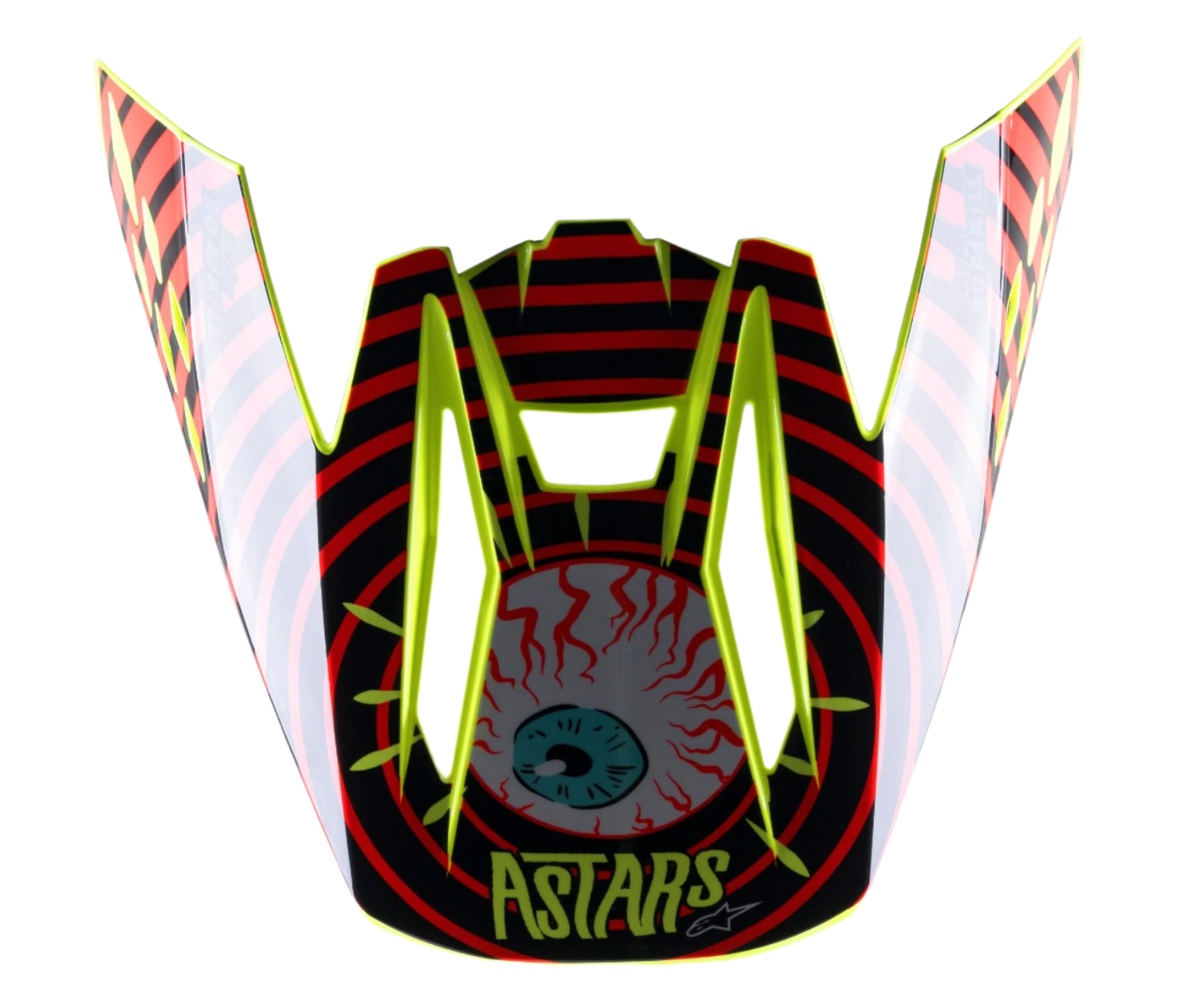 Alpinestars S-M5 Solar Flare Visor, replacement motocross helmet peak, Black Red and Fluo Yellow, featuring a prominent bloodshot eyeball graphic with ASTARS logo and vibrant neon yellow trim.
