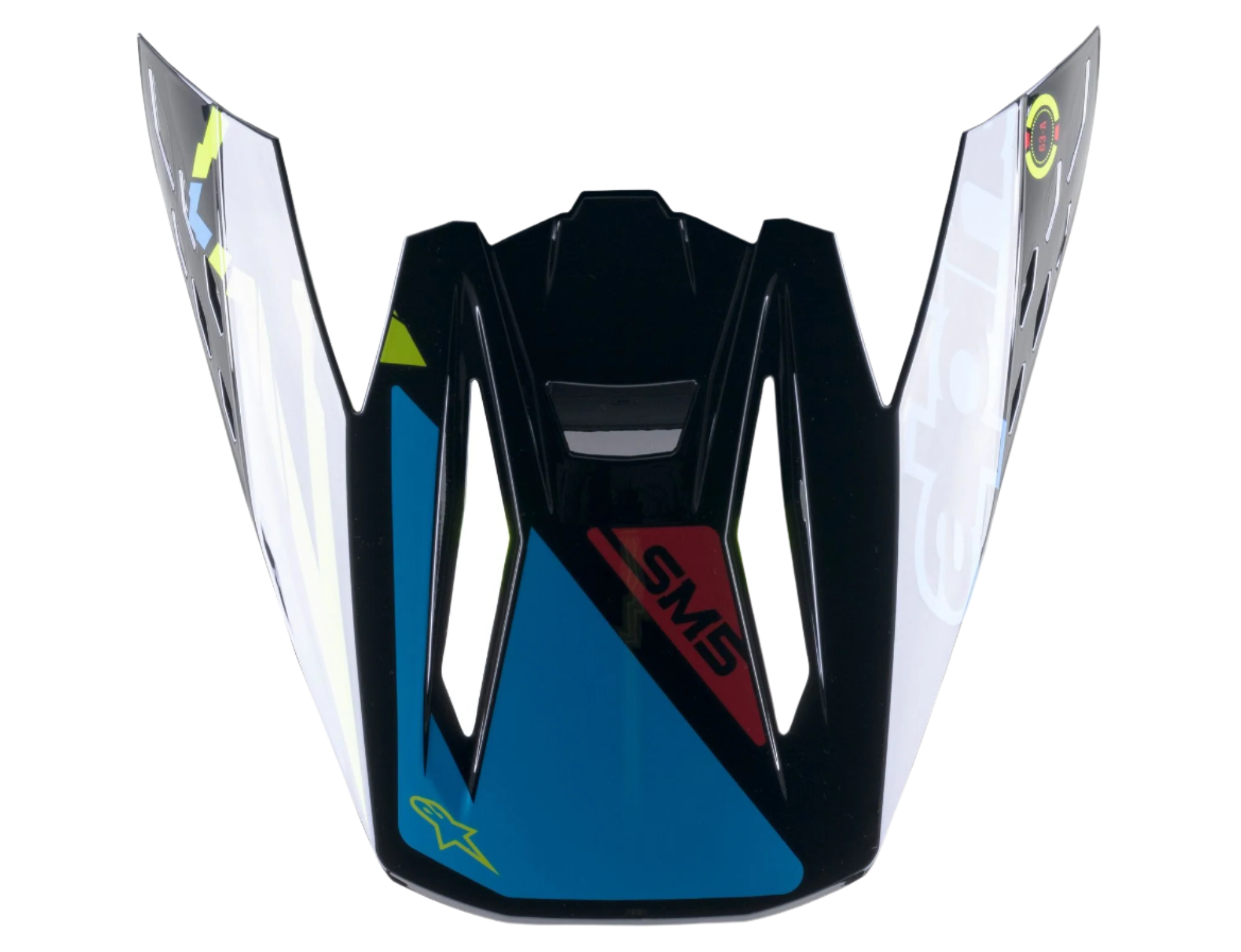 Alpinestars S-M5 Action Visor, część zamienna do kasku motocrossowego, czarny, cyjanowy i żółty fluo z połyskiem, z brandingiem SM5 i logo gwiazdy, zatrzaskowa konstrukcja daszka do jazdy terenowej