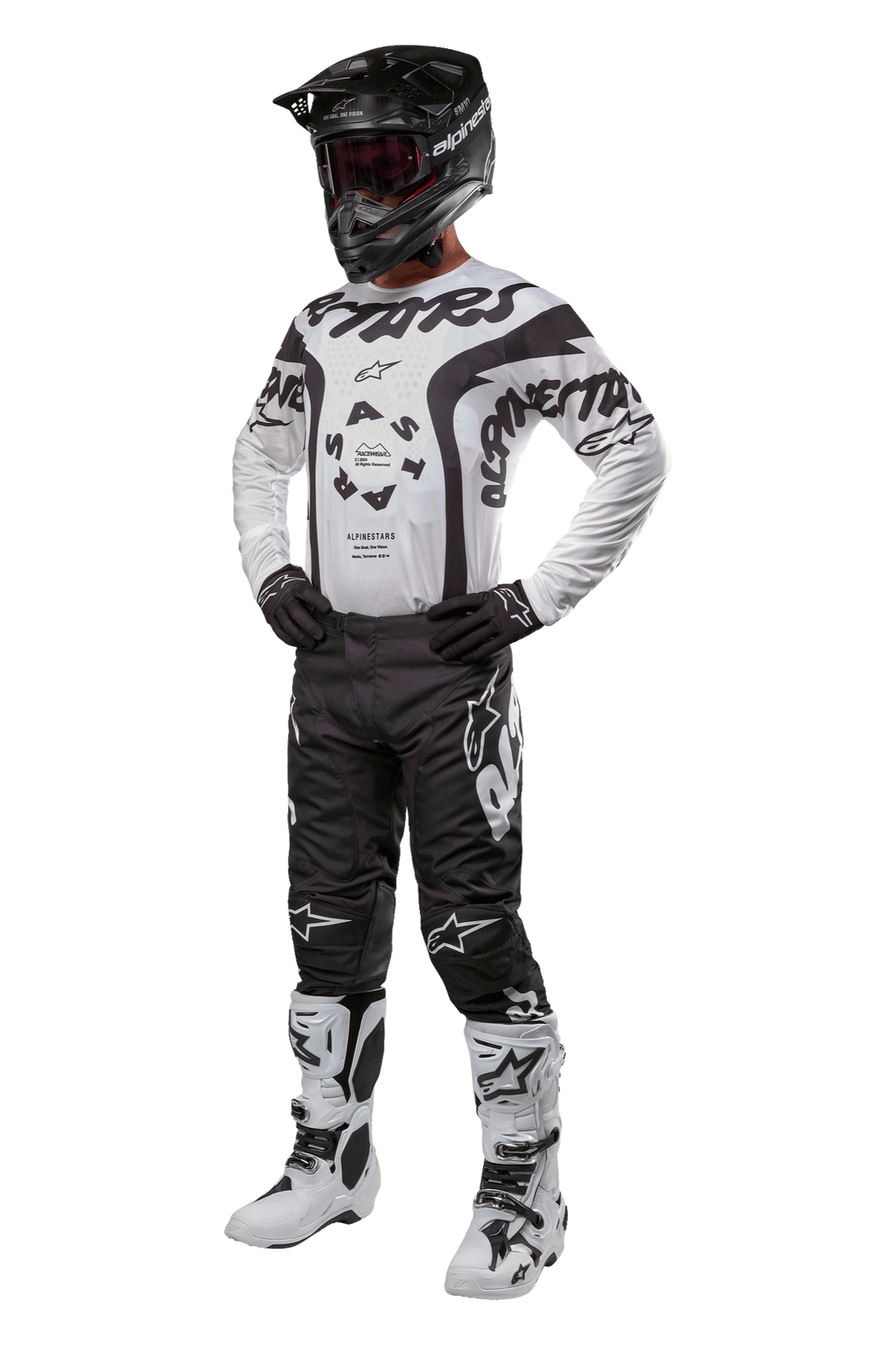 Strój motocrossowy Alpinestars, spodnie Racer Hana 2024, czarno-biały zestaw wyścigowy, czarny kask, biała koszulka z czarnymi grafikami, czarne spodnie z białym logo, białe buty z czarnymi detalami