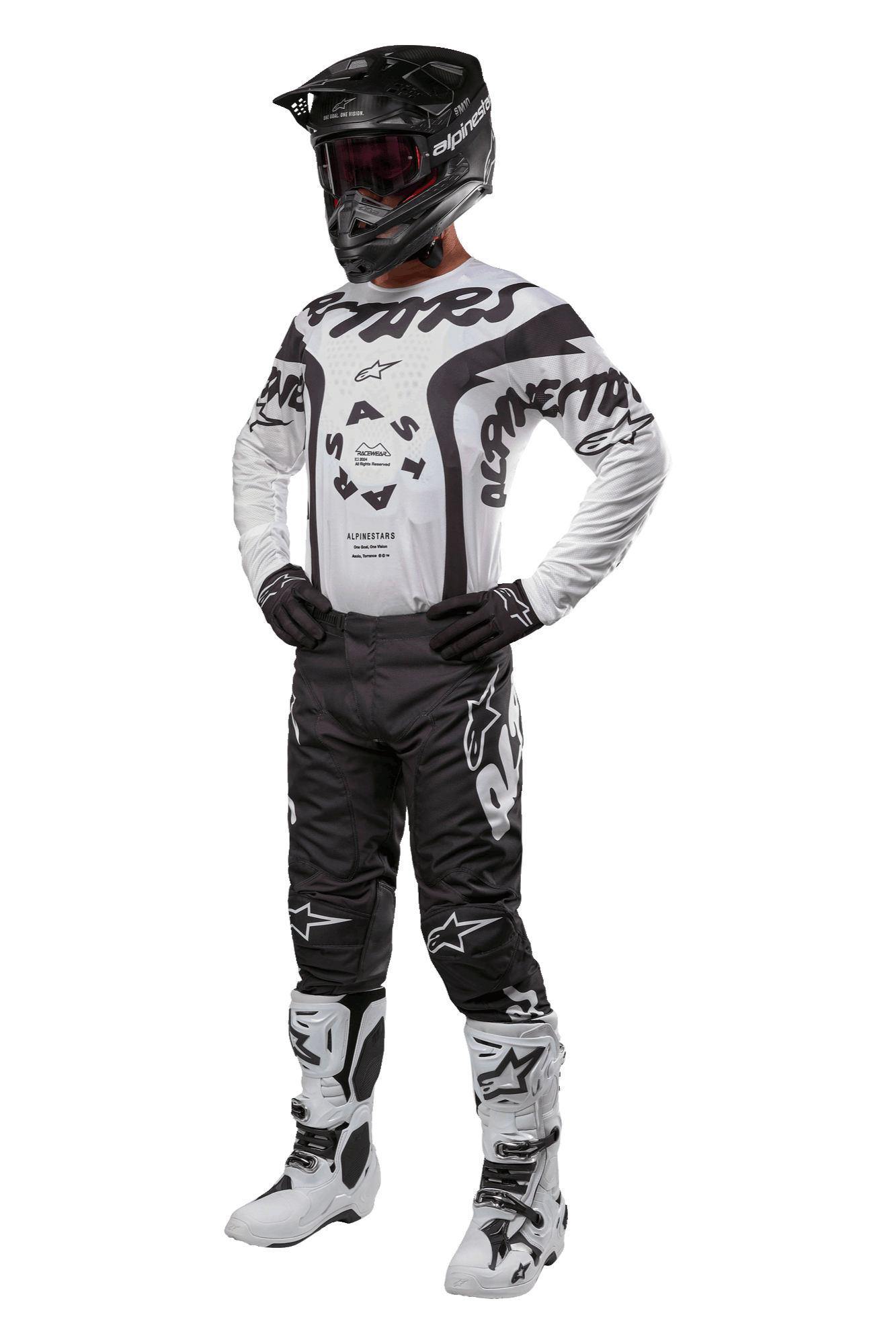 Strój motocrossowy Alpinestars, spodnie Racer Hana 2024, czarno-biały zestaw wyścigowy, czarny kask, biała koszulka z czarnymi grafikami, czarne spodnie z białym logo, białe buty z czarnymi detalami
