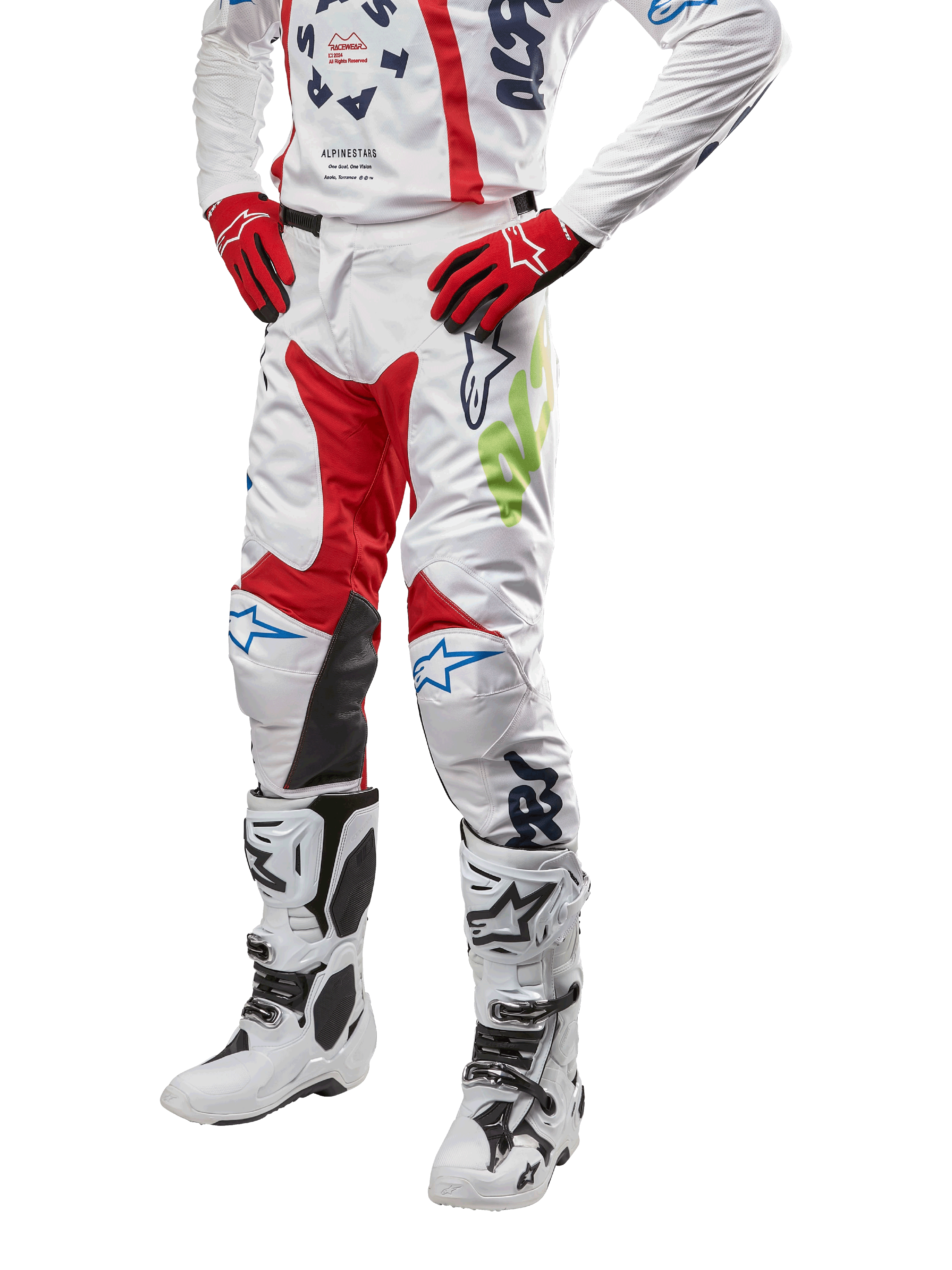 Alpinestars 2024 Racer Hana Pants, spodnie motocrossowe, białe z czerwonymi, niebieskimi i limonkowymi akcentami, ochronna konstrukcja ze skórzanymi panelami na kolanach, kompletny zestaw z pasującą bluzą, czerwonymi rękawicami i białymi butami z klamrami, sportowy design wyścigowy