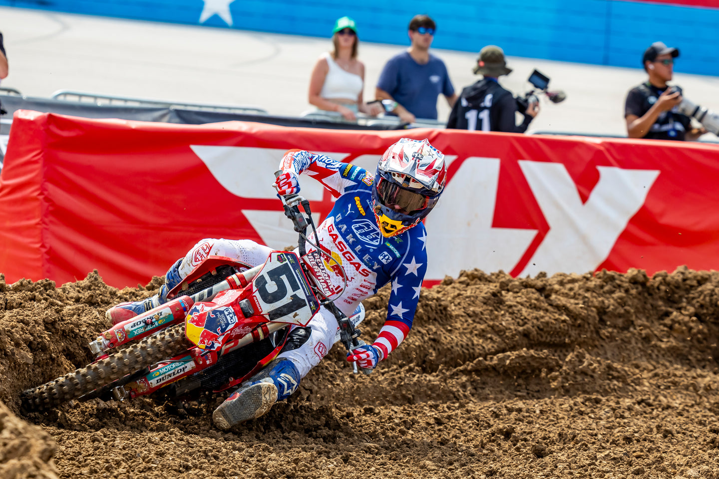 Justin Barcia racing on the motocross track wearing Alpinestars boots