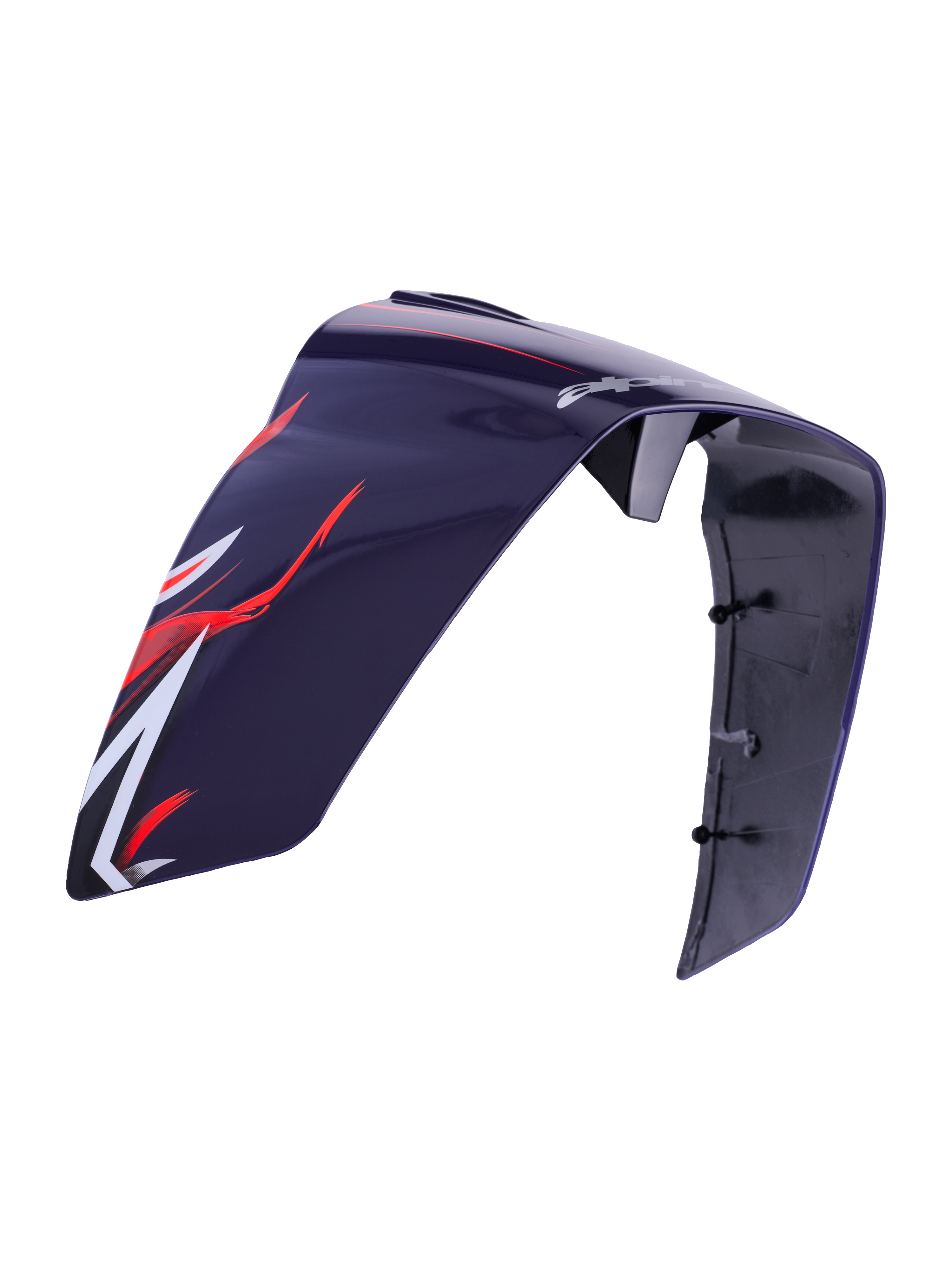 Alpinestars Supertech R10 Flyte Race Spoiler, Helmet Accessory, Purple Red Glossy, featuring red and white aerodynamic graphics and Alpinestars branding, sleek glossy plastic construction with visible mounting points on the interior, replacement part for racing helmets.