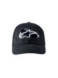 Alpinestars RSRV Shield Cap, czarna czapka bejsbolowa z błyszczącym logo w czarno-białych kolorach, zakrzywiony daszek, nowoczesny design