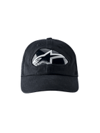 Alpinestars RSRV Shield Cap, czarna czapka bejsbolowa z błyszczącym logo w czarno-białych kolorach, zakrzywiony daszek, nowoczesny design