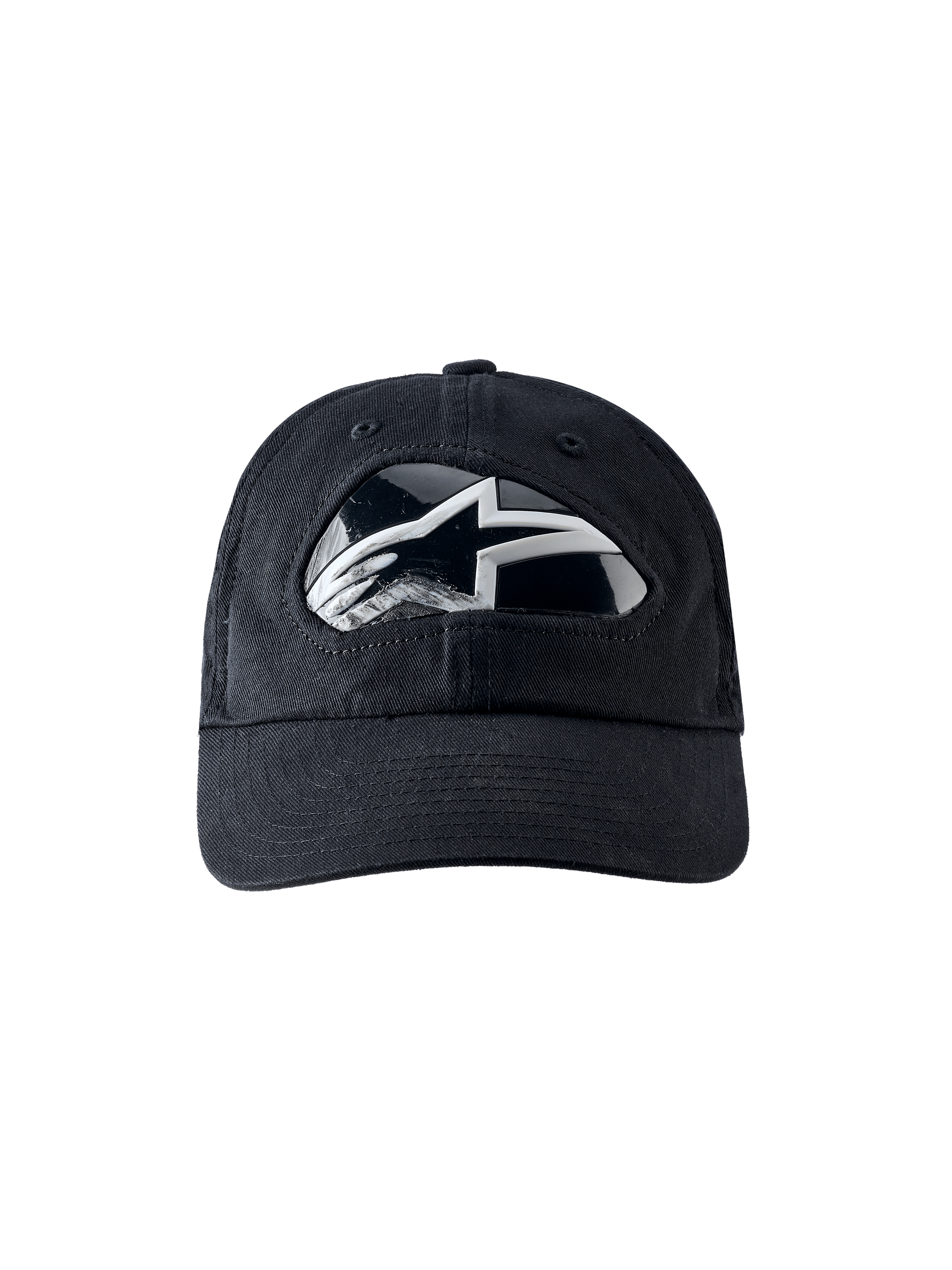 Alpinestars RSRV Shield Cap, czarna czapka bejsbolowa z błyszczącym logo w czarno-białych kolorach, zakrzywiony daszek, nowoczesny design